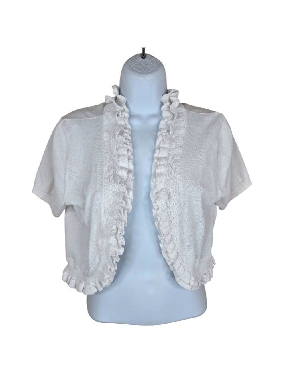 Cable & Gauge White Ruffled Open Front Knit Shrug Short Sleeve Cardigan M NEW